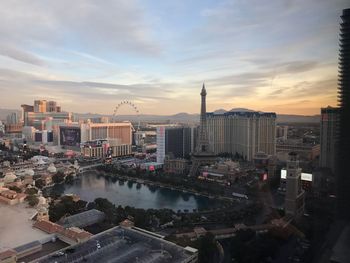 High angle view of buildings against sky during sunset