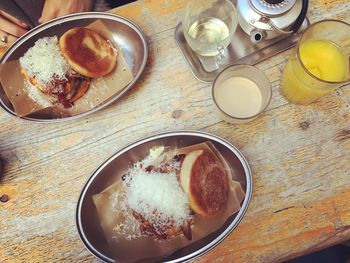 High angle view of breakfast on table