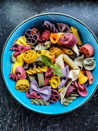 High angle view of food in plate on table