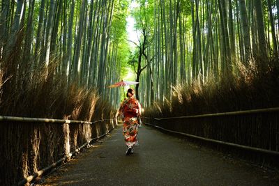 Rear view of man walking on footpath in forest