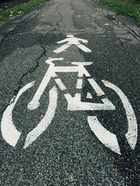 High angle view of symbols on road