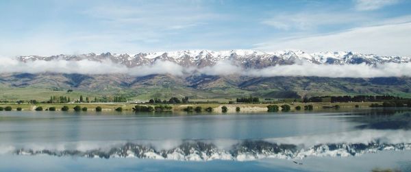 Scenic view of lake against cloudy sky