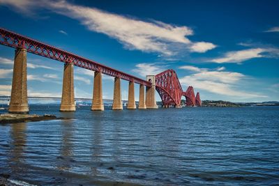 View of bridge over river against cloudy sky