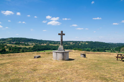 Built structure on field against sky