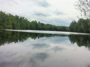 Scenic view of lake against cloudy sky