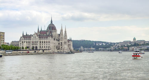 View of buildings by river against cloudy sky