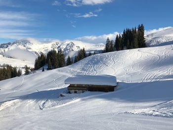 Snow covered landscape against sky