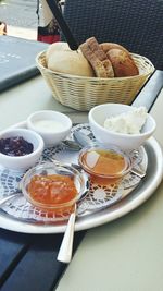 High angle view of breakfast served on table