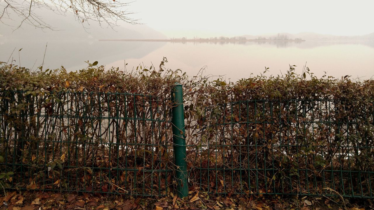 water, tranquility, tranquil scene, lake, nature, scenics, plant, sky, beauty in nature, fence, grass, day, lakeshore, growth, landscape, outdoors, field, no people, non-urban scene, idyllic