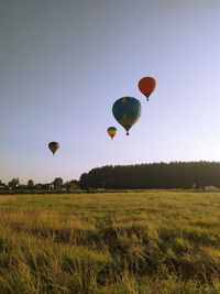 Hot air balloons on field against sky