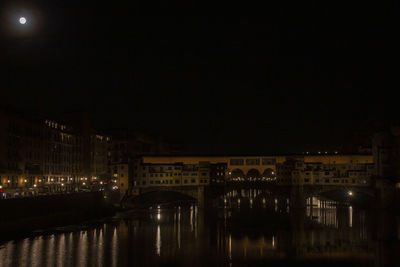 Illuminated bridge over river by buildings against sky at night