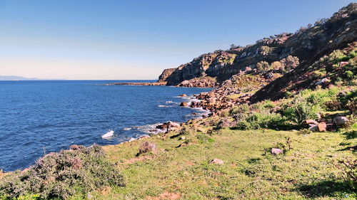 Scenic view of sea against clear blue sky