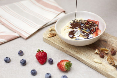 High angle view of breakfast on table