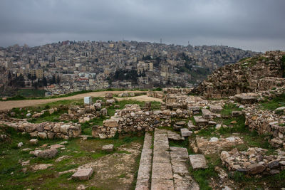 Aerial view of old buildings in city