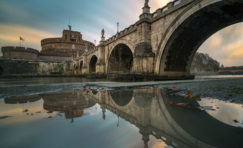 Reflection of arch bridge in lake