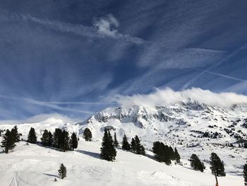 Scenic view of snowcapped mountains against sky