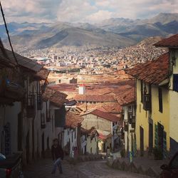 High angle view of houses in town