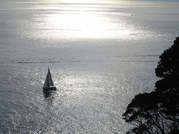 High angle view of sailboat in sea against sky
