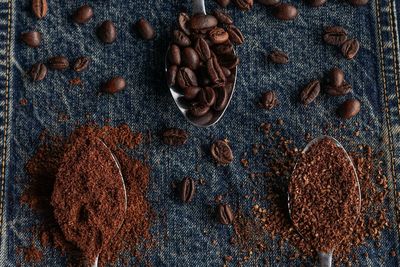 High angle view of coffee beans on table