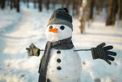 Close-up of person wearing hat on field during winter snowman