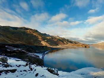 Scenic view of lake by snowcapped mountains against sky