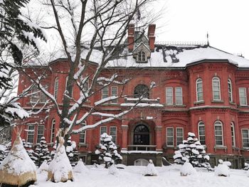 Snow covered trees and buildings against sky