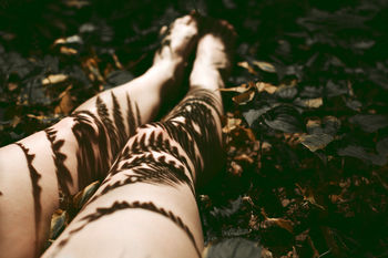 Low section of woman with shadow of leaves