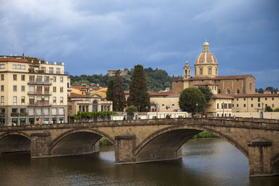 Arch bridge over river against buildings in city