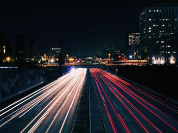 High angle view of light trails on city street