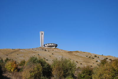 Low angle view of building against clear blue sky