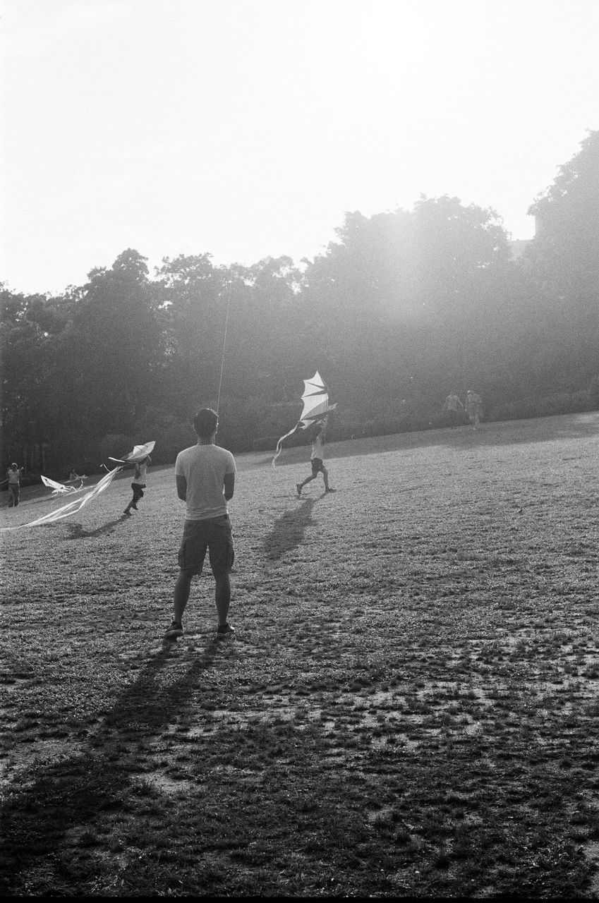 REAR VIEW OF MEN ON FIELD AGAINST TREES