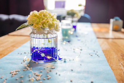 Close-up of drink in jar on table