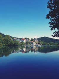 Scenic view of lake against clear blue sky