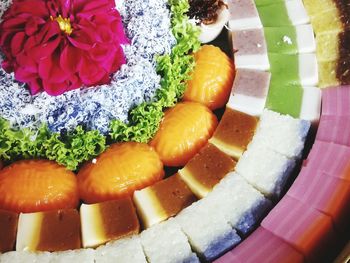 High angle view of multi colored candies in plate on table