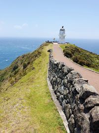 Lighthouse by sea against sky