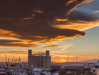 Buildings in city during sunset