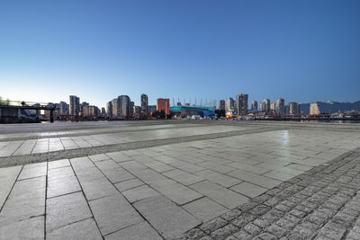 Modern buildings in city against clear sky