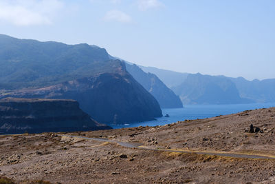 Scenic view of sea and mountains against sky