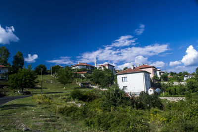 Houses and trees on field against sky