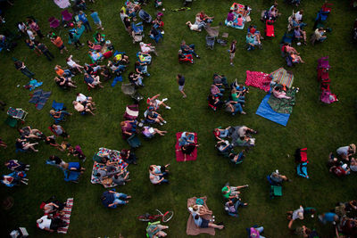 High angle view of people on field