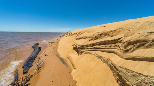 Scenic view of beach against clear blue sky