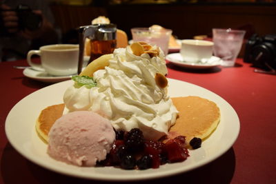 Close-up of served ice cream in plate