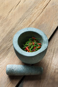 High angle view of vegetables in bowl on table