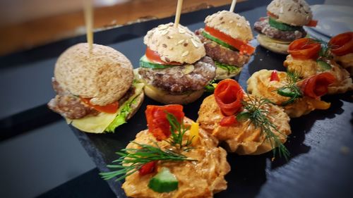 High angle view of food served on table