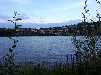 Scenic view of lake against sky in city