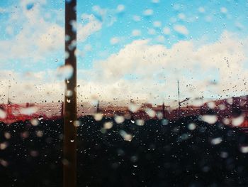 Full frame shot of wet glass window in rainy season