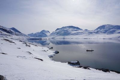 Scenic view of lake and snowcapped mountains against sky