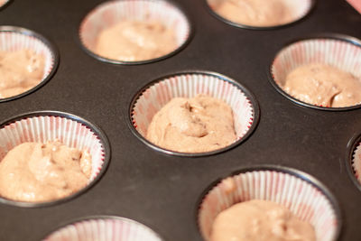 Close-up of muffin dough in baking sheet