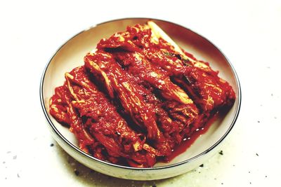 High angle view of meat in plate on table