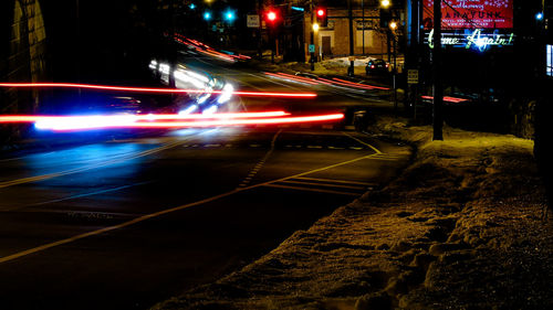 Light trails on road at night